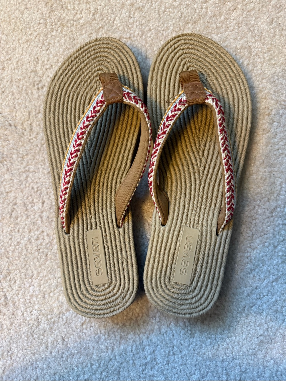 Seven Braided-Strap Tan Flip Flops with Red Accent